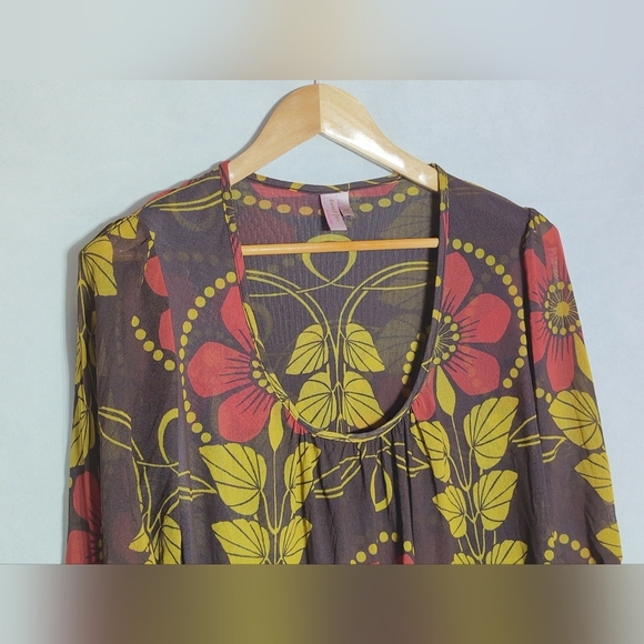 Sweet Pea Sz L Brown Red and Yellow Floral Blouse Mesh - Picture 3 of 6